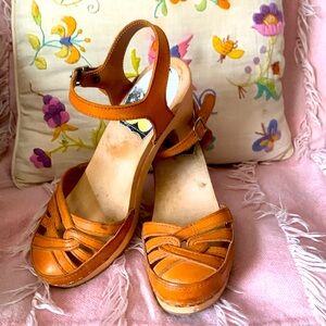 Vintage 70s style Swedish Hasbeens medium brown leather clogs Sz 7.5/38